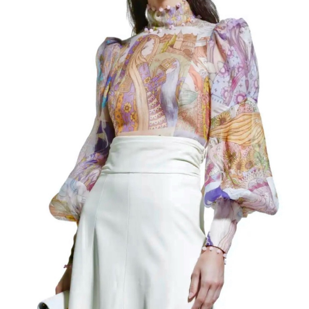 Zimmermann Pink Puff Sleeve Blouse with Mock Neck and Bib Collar